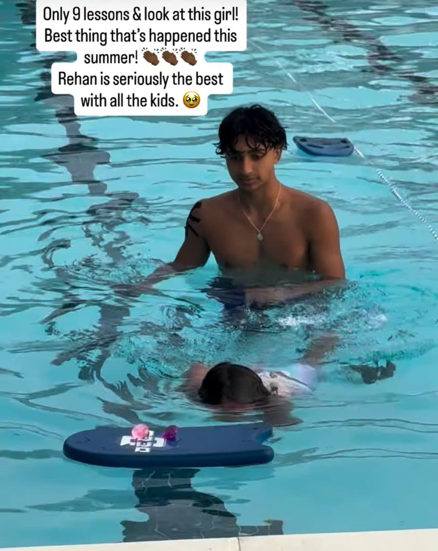 The parent's Instagram story: Rehan coaching her daughter, who is swimming face-down toward him